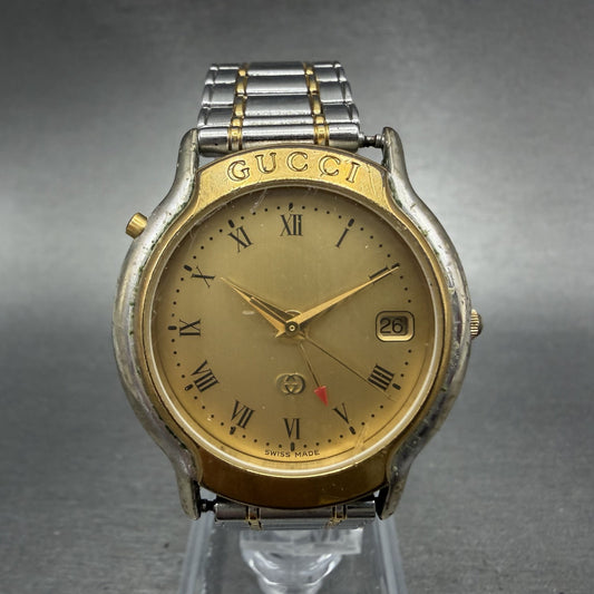 Gucci Mondiale GMT Watch Men 33mm Gold Dial Two Tone Date Round READ!!!! New Bat0