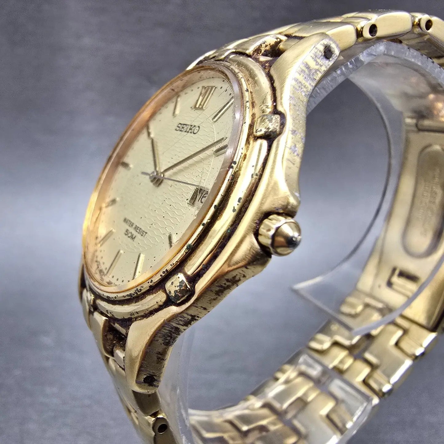 Seiko Watch Men 36mm Champagne Dial Gold Tone Date Round 7N32-0049 PARTS Vintage3