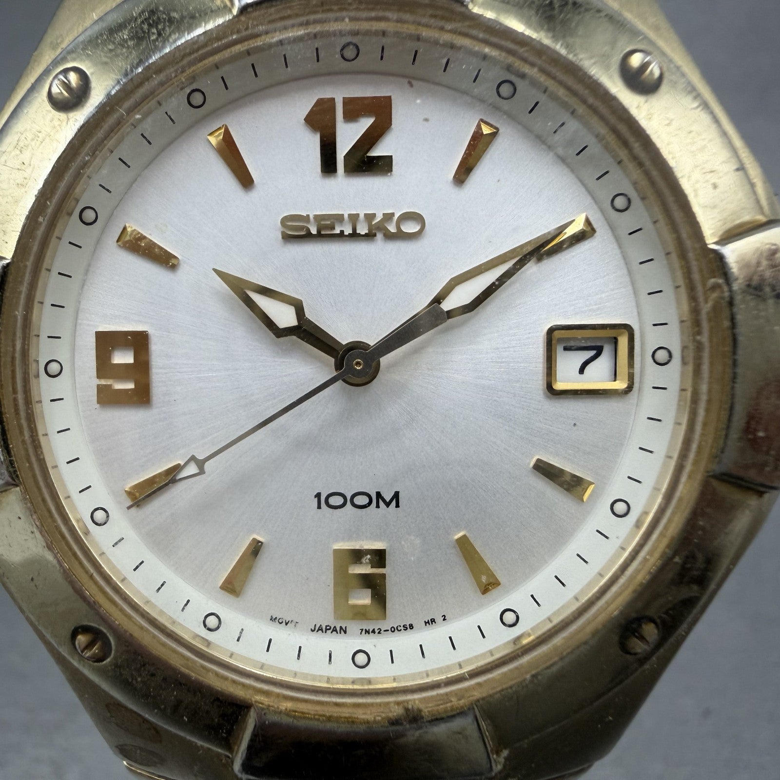 Seiko Watch Men 38mm Silver Dial Gold Tone Date Round 7N420BL0 New Battery1