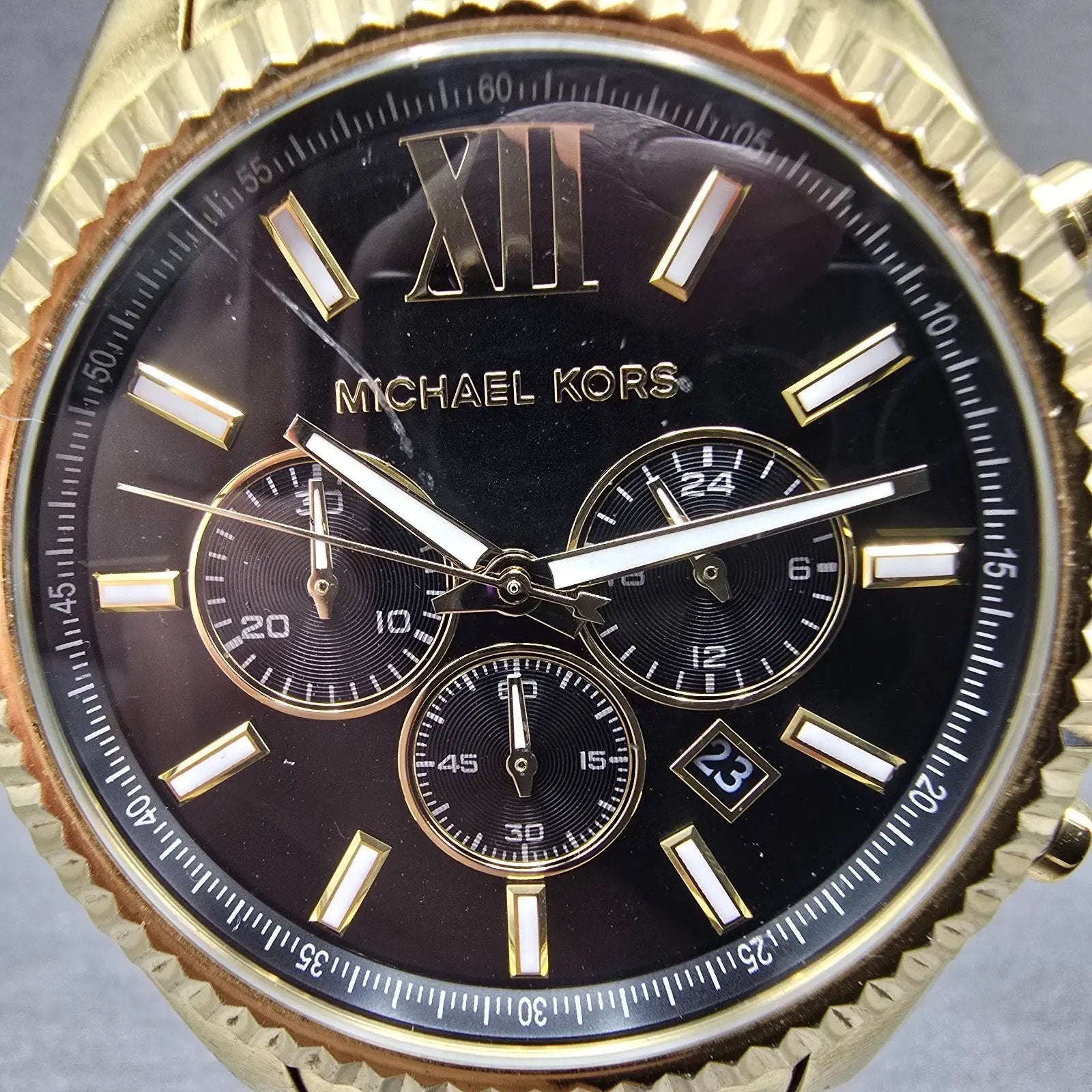 Michael Kors Lexington Chronograph Watch Men 45mm Black Dial Gold Tone New Batt1