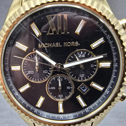 Michael Kors Lexington Chronograph Watch Men 45mm Black Dial Gold Tone New Batt1