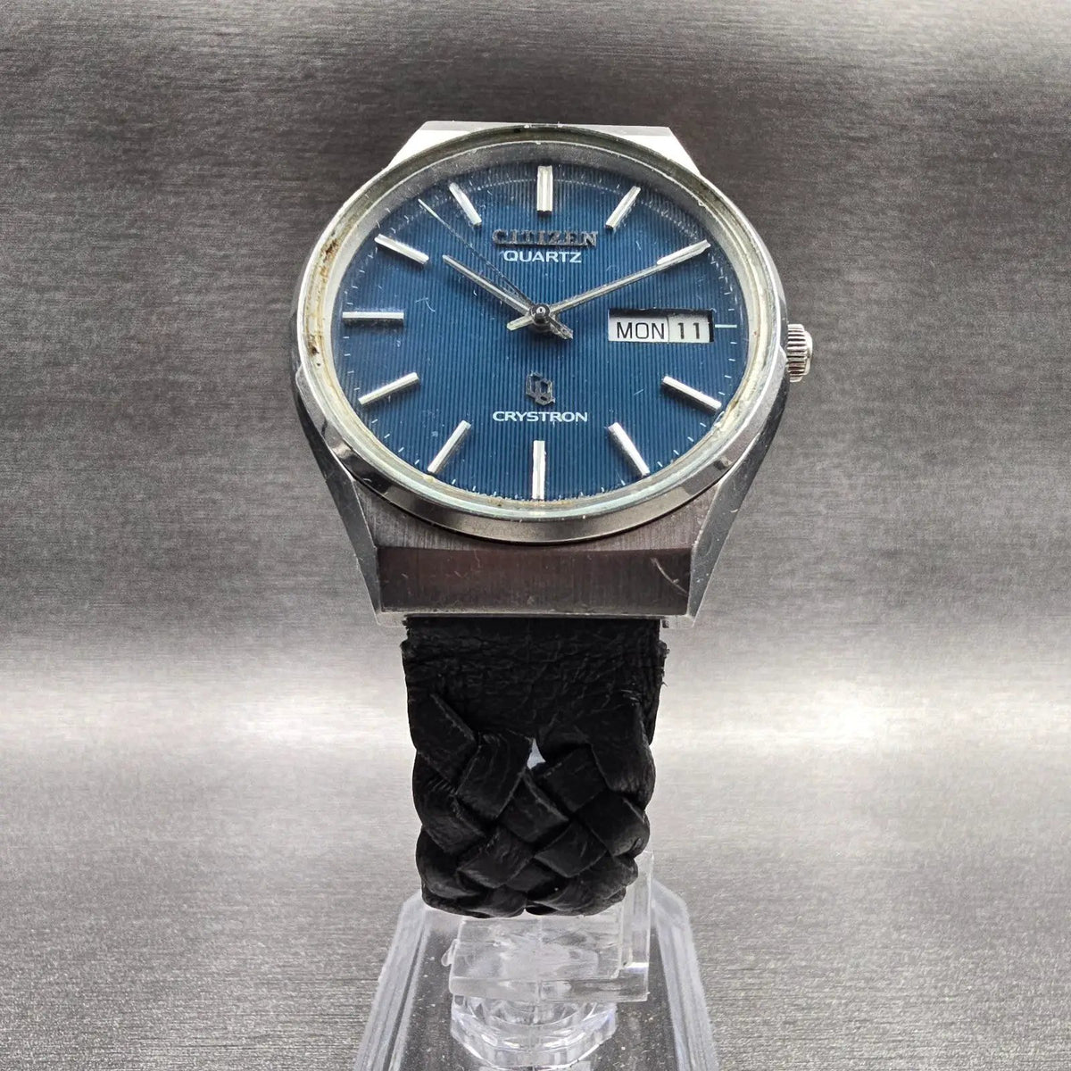 Citizen Crystron Watch Men 34mm Blue Dial Silver Daydate 4-710029K New Batt JP5