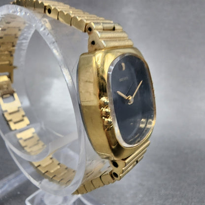 Seiko Tank Watch Women 18mm Black Dial Gold Tone Manual 114750 Runs3