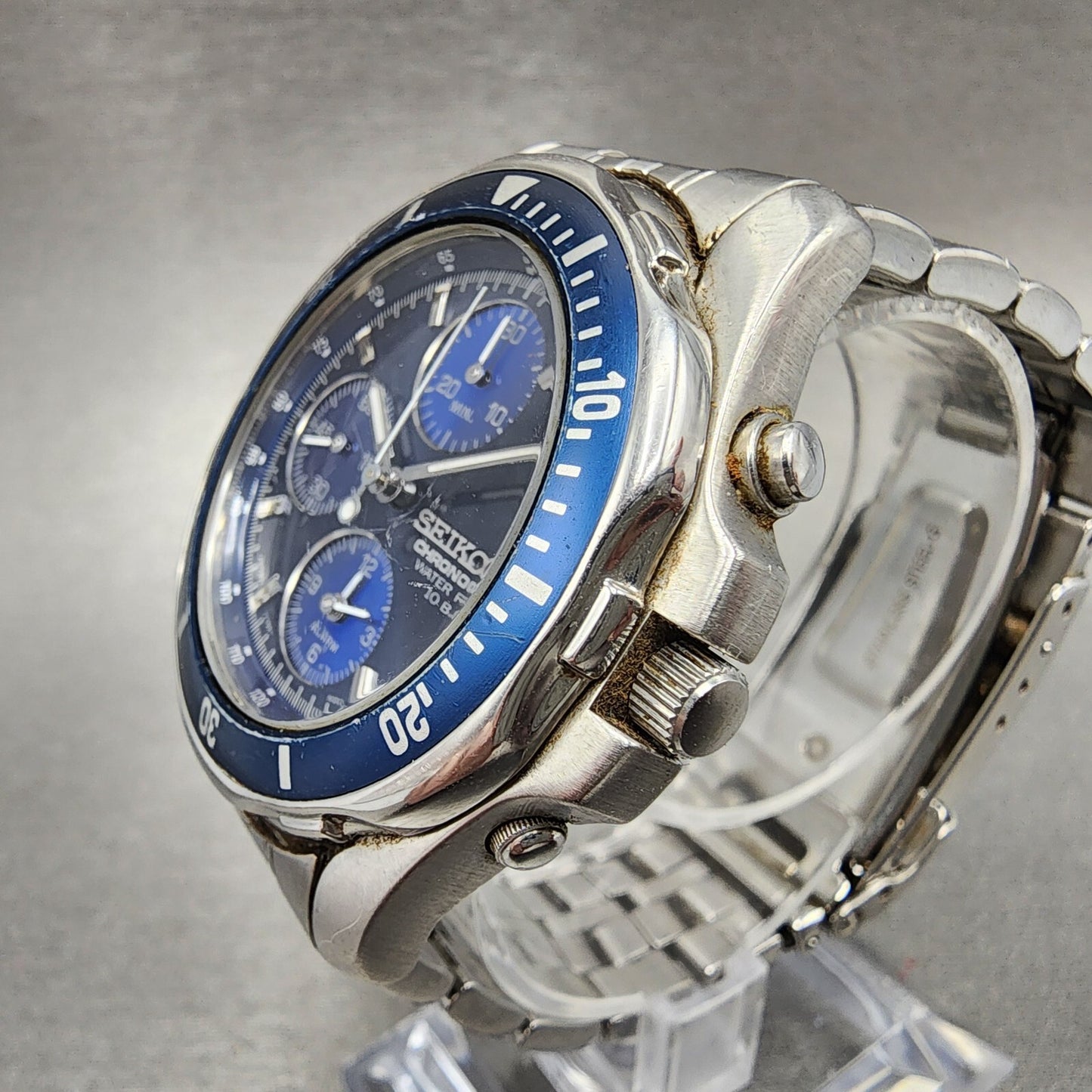 Seiko Chronograph Watch Men 40mm Blue Dial Steel Date Alarm Round New Battery