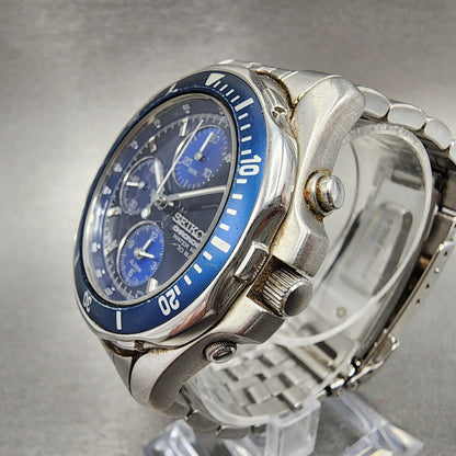 Seiko Chronograph Watch Men 40mm Blue Dial Steel Date Alarm Round New Battery