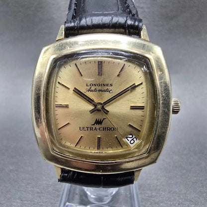 Longines Ultra Chron Watch Men 33mm Gold Dial Gold Filled Rectangle Automatic0