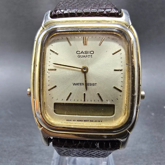 Casio AQ-307 Watch Men 30mm Champagne Dial Gold Alarm Chronograph PARTS0
