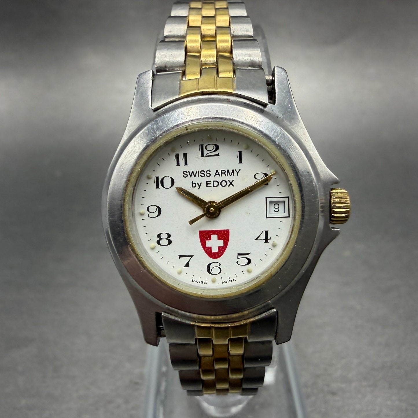 Edox Swiss Army Watch Women 24mm White Dial Two Tone Date Round New Battery0