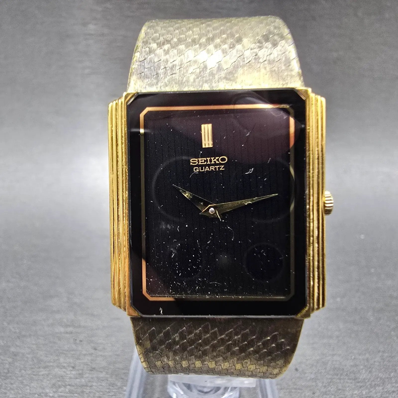 Seiko Tank Watch Men 26mm Black Dial Gold Tone Rectangle 7430-5160 PARTS0