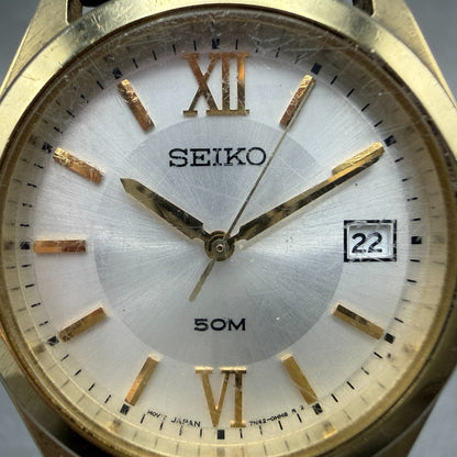 Seiko Watch Men 37mm Silver Dial Gold Tone Date Round 7N42-0EY0 New Battery VTG1