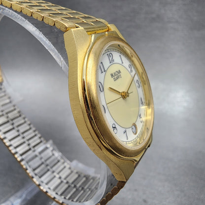 Bulova Watch Men 32mm White Dial Gold Tone Date Round 92B72 New Batt NOS6