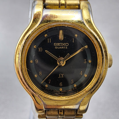 VTG Seiko SX Watch Women 19mm Black Dial Gold Tone Round V401-0281 New Battery