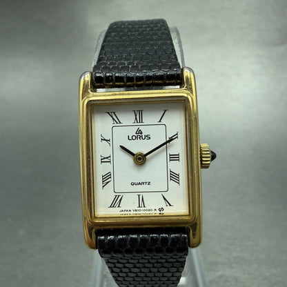 Seiko Lorus Tank Watch Women 17mm White Dial Gold Tone V810-5000 New Battery0