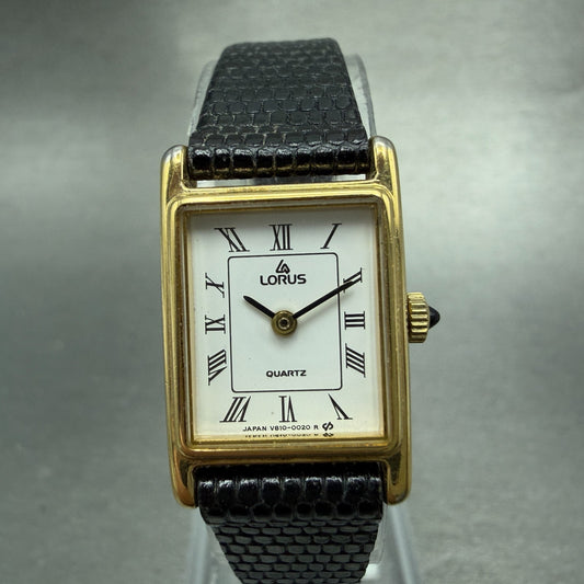 Seiko Lorus Tank Watch Women 17mm White Dial Gold Tone V810-5000 New Battery0