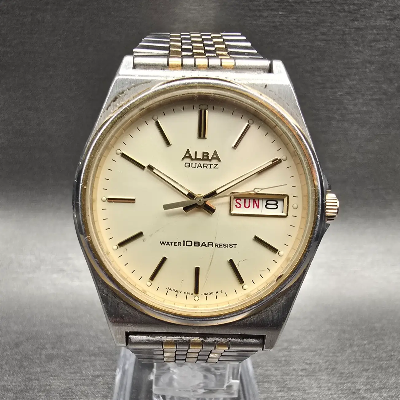 Seiko Alba Watch Men 34mm Ivory Dial Two Tone Daydate Round V743-8A10 New Batt0