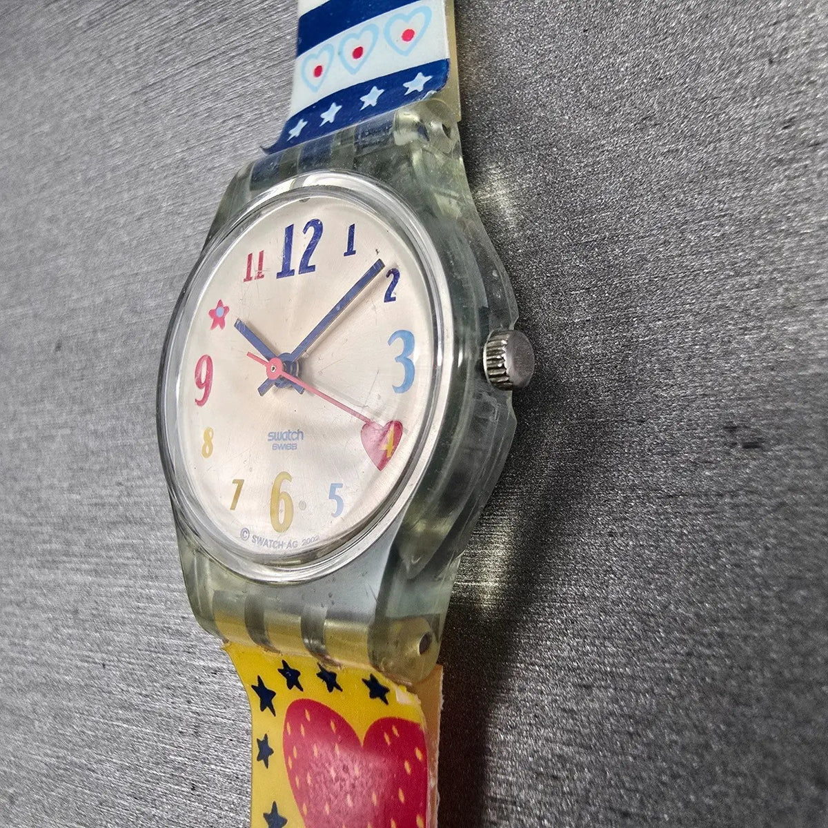 Swatch Kid's Patchwork Watch Women 25mm Silver Dial Clear Case LN141 New Battery2