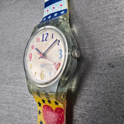 Swatch Kid's Patchwork Watch Women 25mm Silver Dial Clear Case LN141 New Battery2