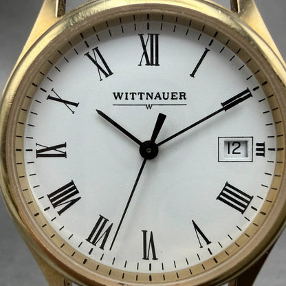 Wittnauer Watch Men 33mm White Dial Gold Tone Round Date Roman Numerals New Batt1