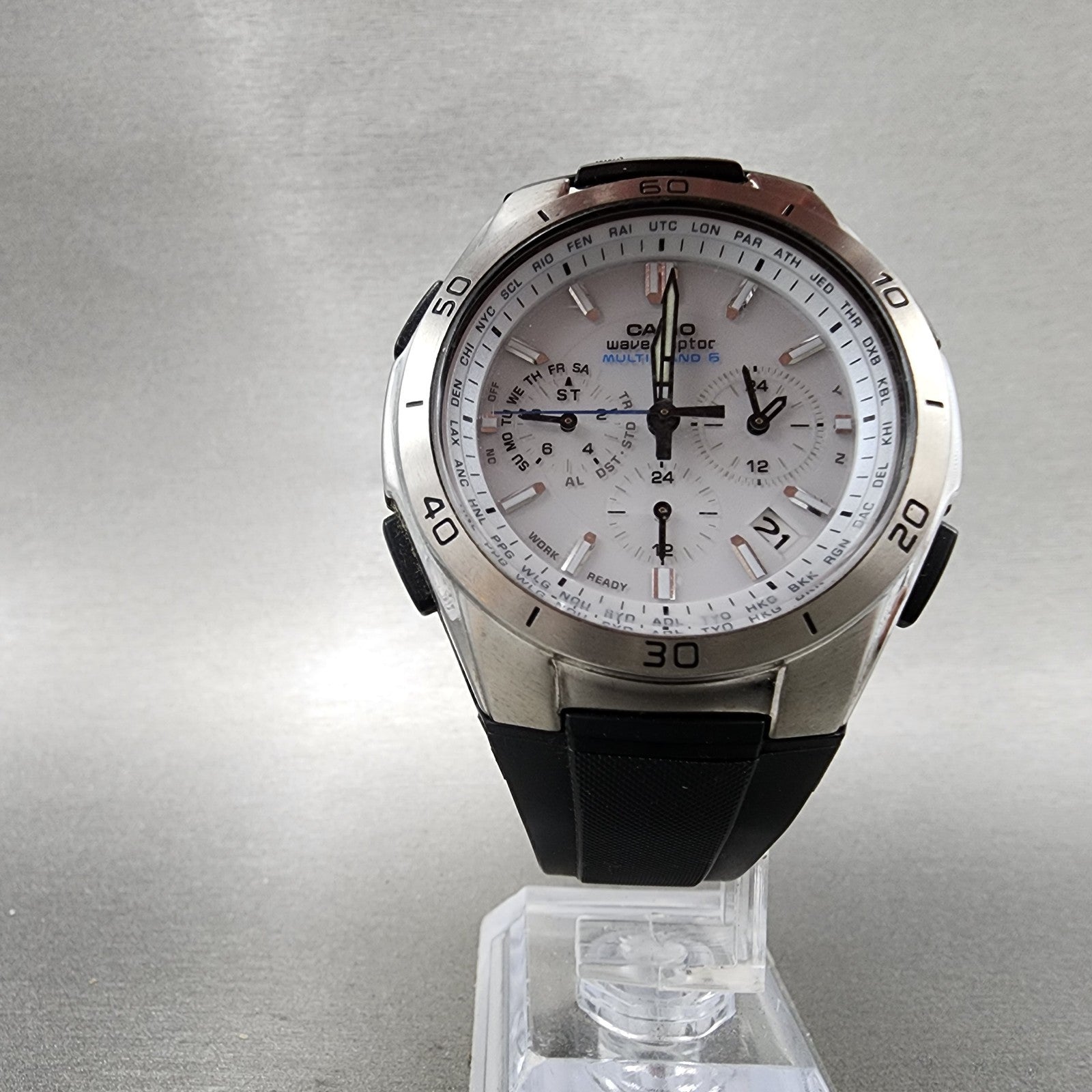 Casio Wave Ceptor Watch Men 43mm White Dial Black Tone Date Chrono Solar Runs5