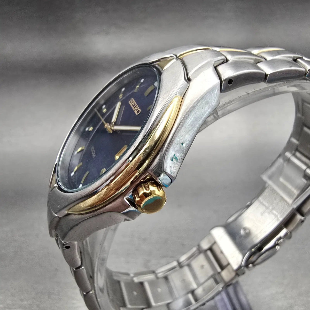 Seiko Watch Men 37mm Blue Dial Two Tone Date Round 7N42-0BC0 New Battery Vintage2