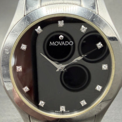 Movado Faceto Watch Men 39mm Black Dial Silver Tone 84 G2 1855 New Battery ABC1