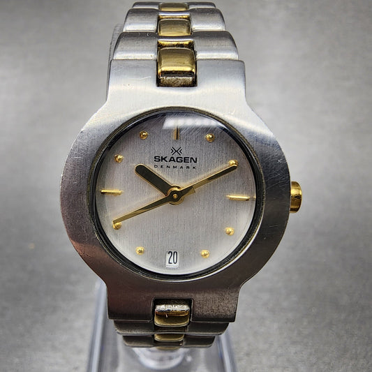 Skagen Watch Women 23mm Silver Dial Two Tone Date Round 236SGX New Battery