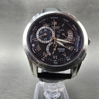 Citizen Eco-Drive Perpetual Calendar Watch Men 39mm Blue Dial Steel Alarm Runs J5