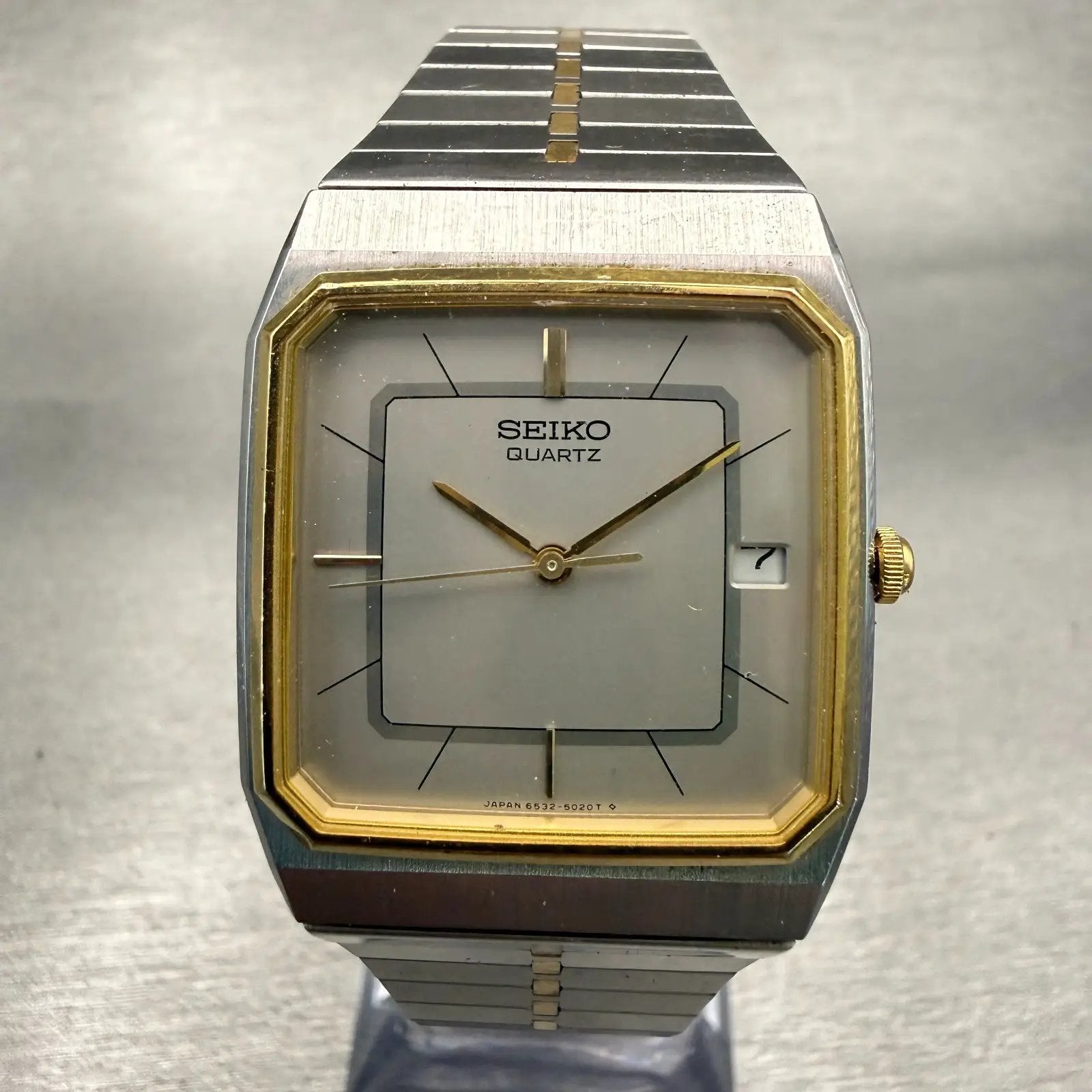 Seiko Tank Watch Men 29mm Silver Dial Two Tone Date Rectangle 6532-5020 New Batt0