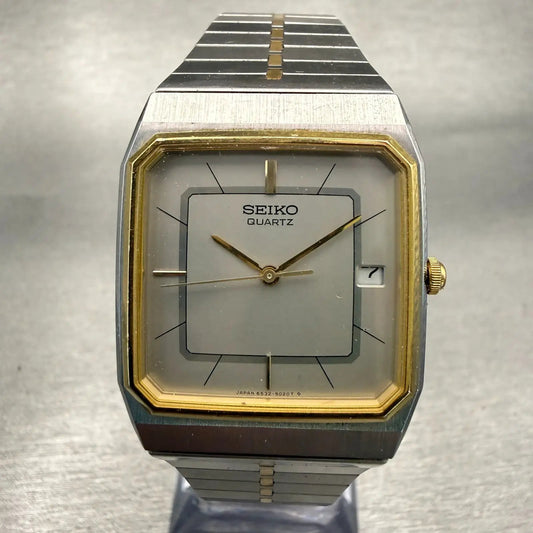 Seiko Tank Watch Men 29mm Silver Dial Two Tone Date Rectangle 6532-5020 New Batt0