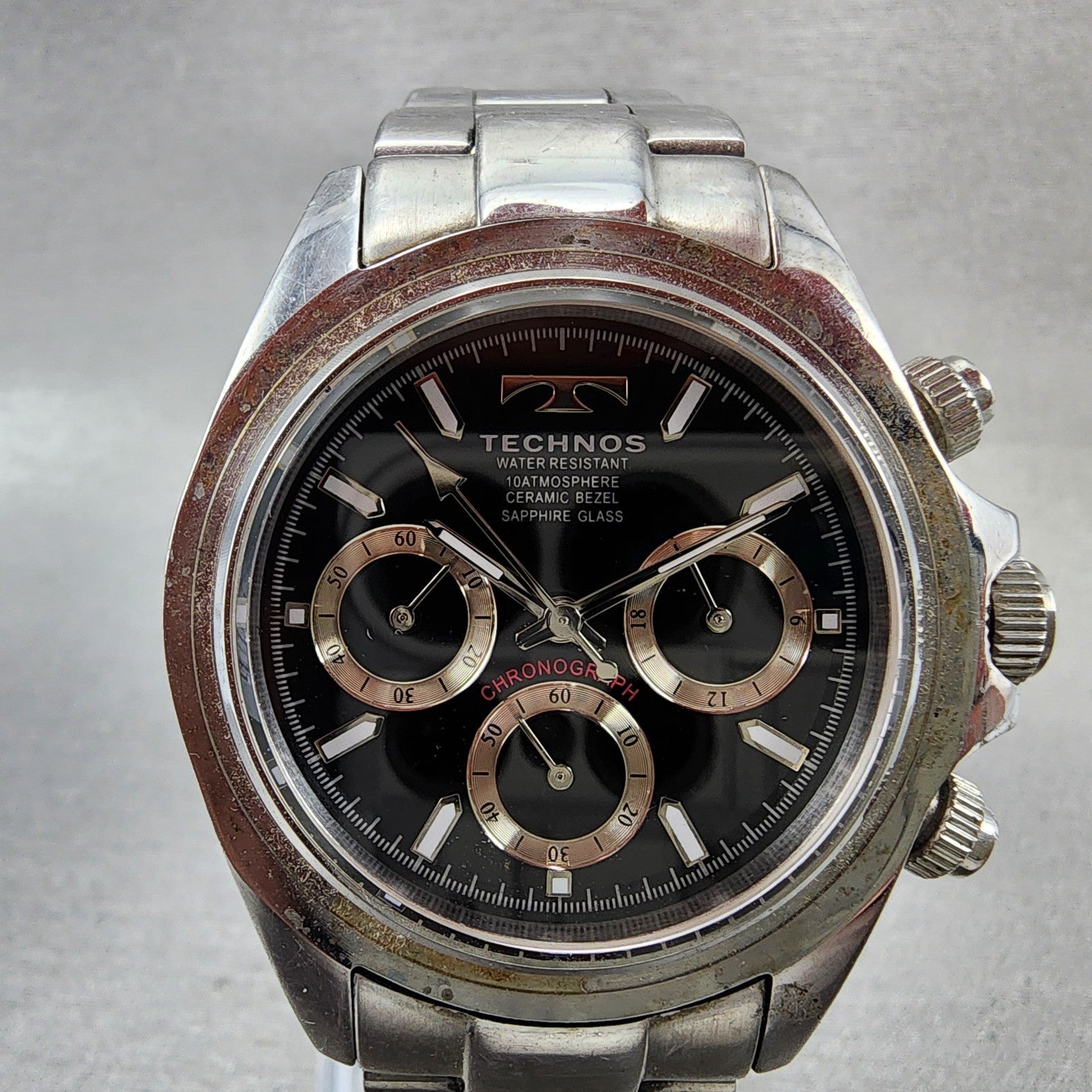 Technos Chronograph Watch Men 39mm Black Dial Silver Tone Round New Battery1