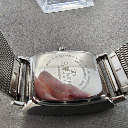 Skagen Grenen Tank Watch Women 23mm Silver Dial Steel Date Rectangle New Battery9
