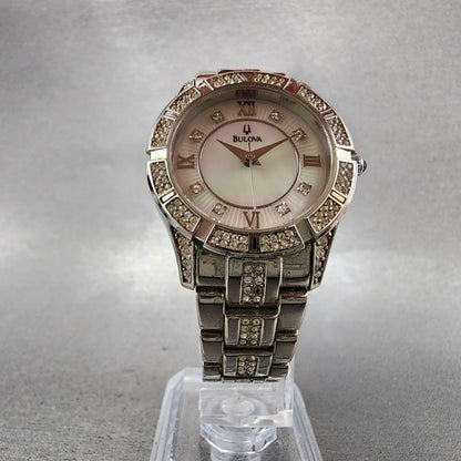 Bulova Watch Women 31mm MOP Dial Silver Tone Round 96L116 Crystal Accent New Bat5