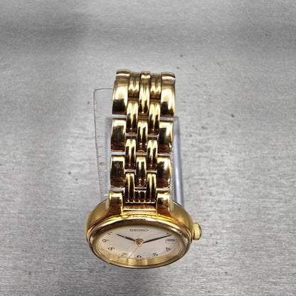 Seiko Watch Women 23mm White Dial Gold Tone Date Round 7N82-0228 New Battery VTG4