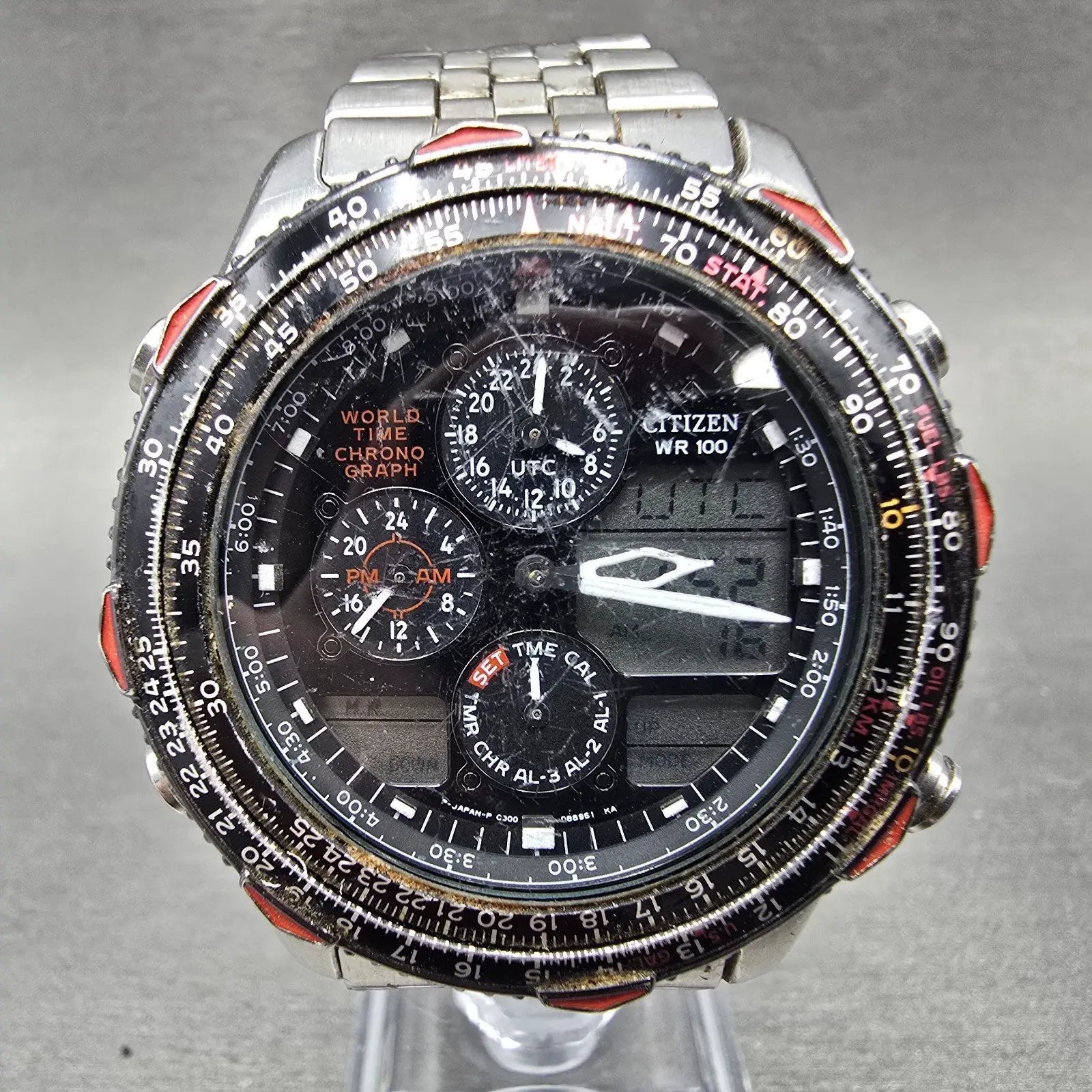 Citizen Navihawk World Time Chronograph Watch Men 42mm Black Dial Steel PARTS0