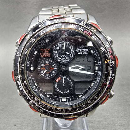 Citizen Navihawk World Time Chronograph Watch Men 42mm Black Dial Steel PARTS0