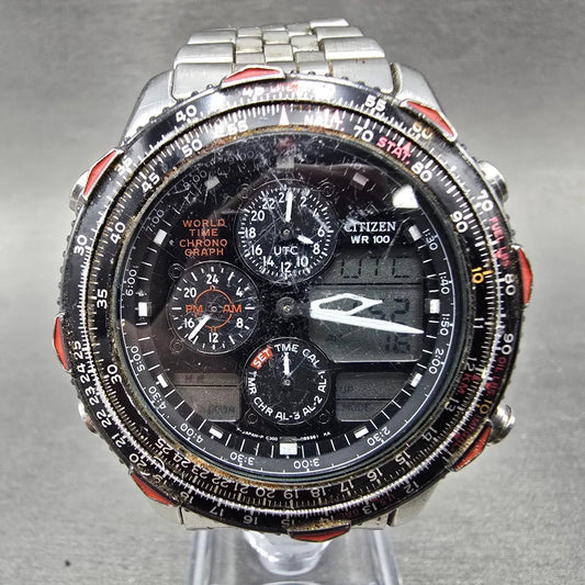 Citizen Navihawk World Time Chronograph Watch Men 42mm Black Dial Steel PARTS0