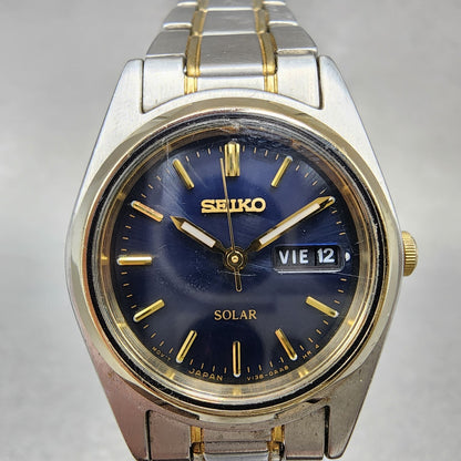 Seiko Solar Watch Women 25mm Blue Dial Two Tone Daydate Round V138-0AA0 Runs