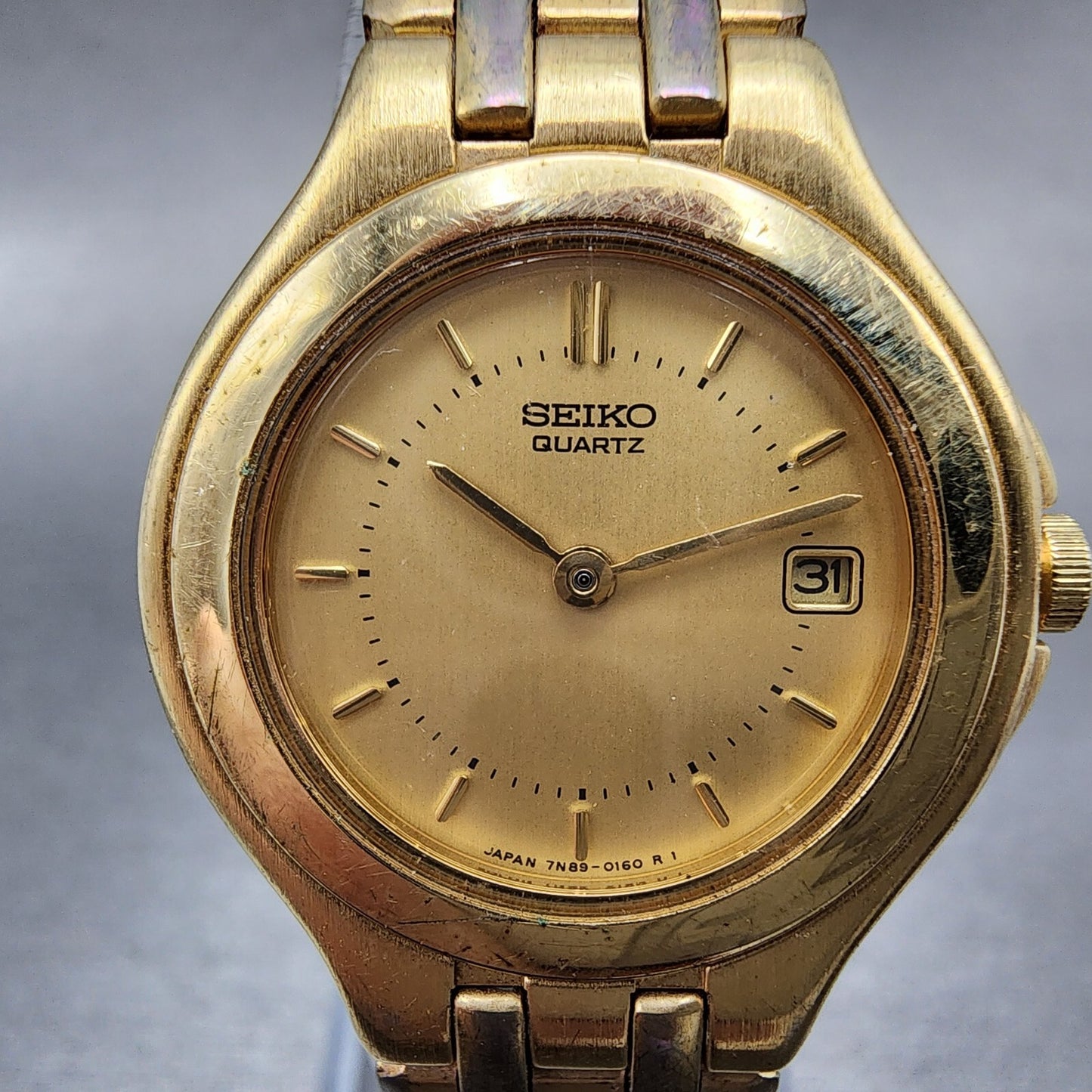 Seiko Watch Women 26mm Gold Dial Gold Tone Date Round 7N390050 New Battery1