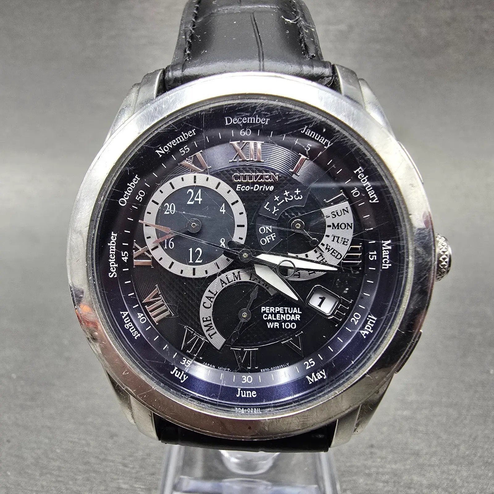 Citizen Eco-Drive Perpetual Calendar Watch Men 39mm Blue Dial Steel Alarm Runs J0
