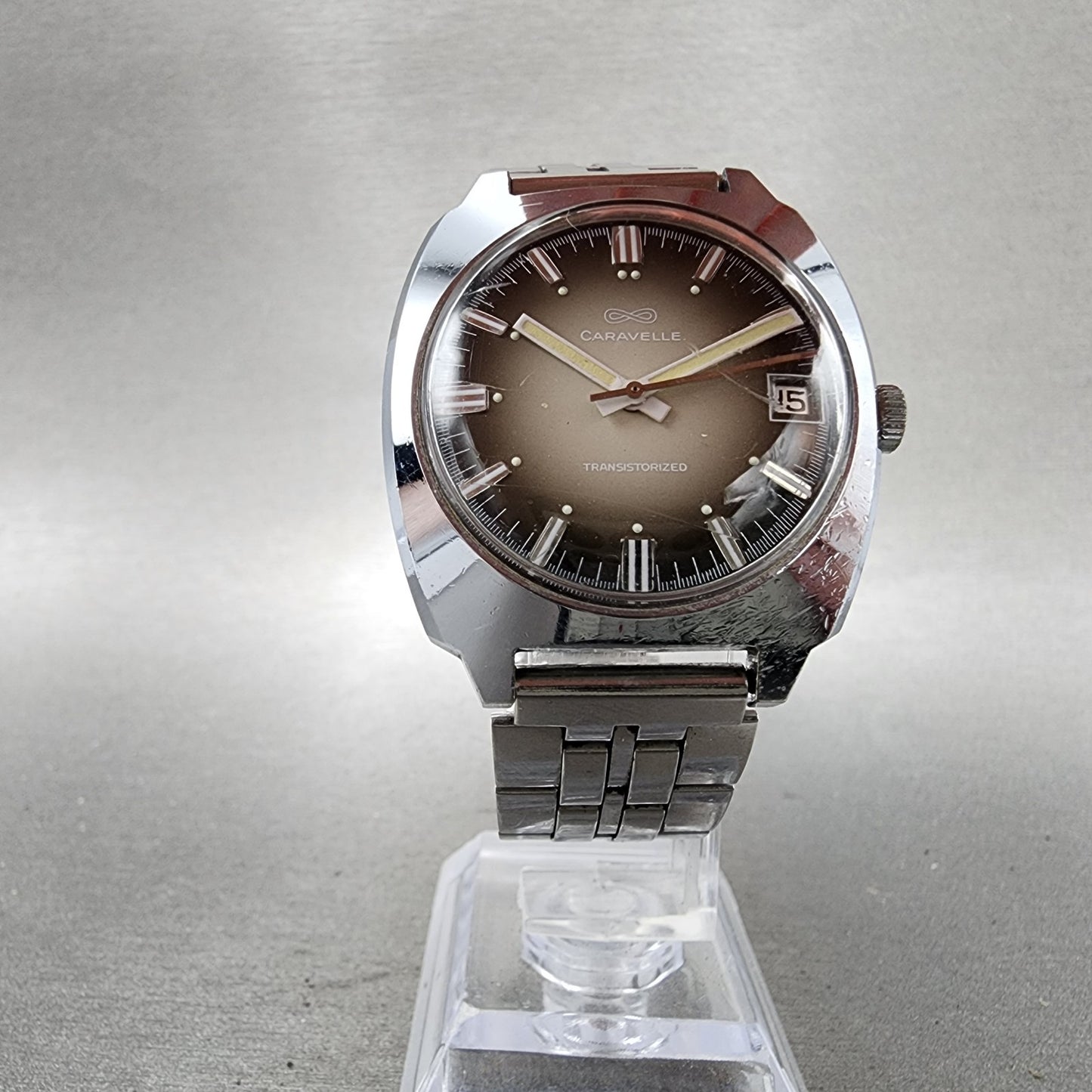 Bulova Caravelle Transistorized Watch Men 34mm Gray Dial Silver Tone Date Runs5
