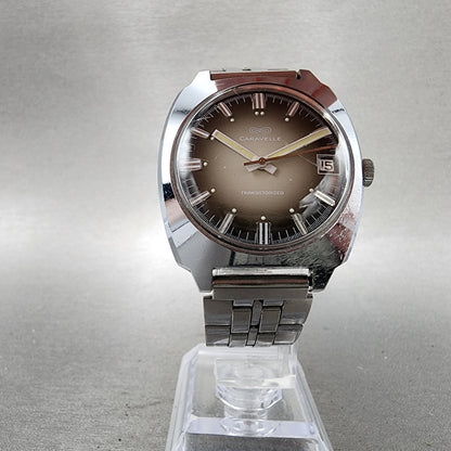 Bulova Caravelle Transistorized Watch Men 34mm Gray Dial Silver Tone Date Runs5