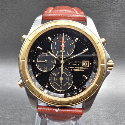 Seiko Chronograph Watch Men 40mm Black Dial Two Tone Date 7T52-7A09 New Battery0