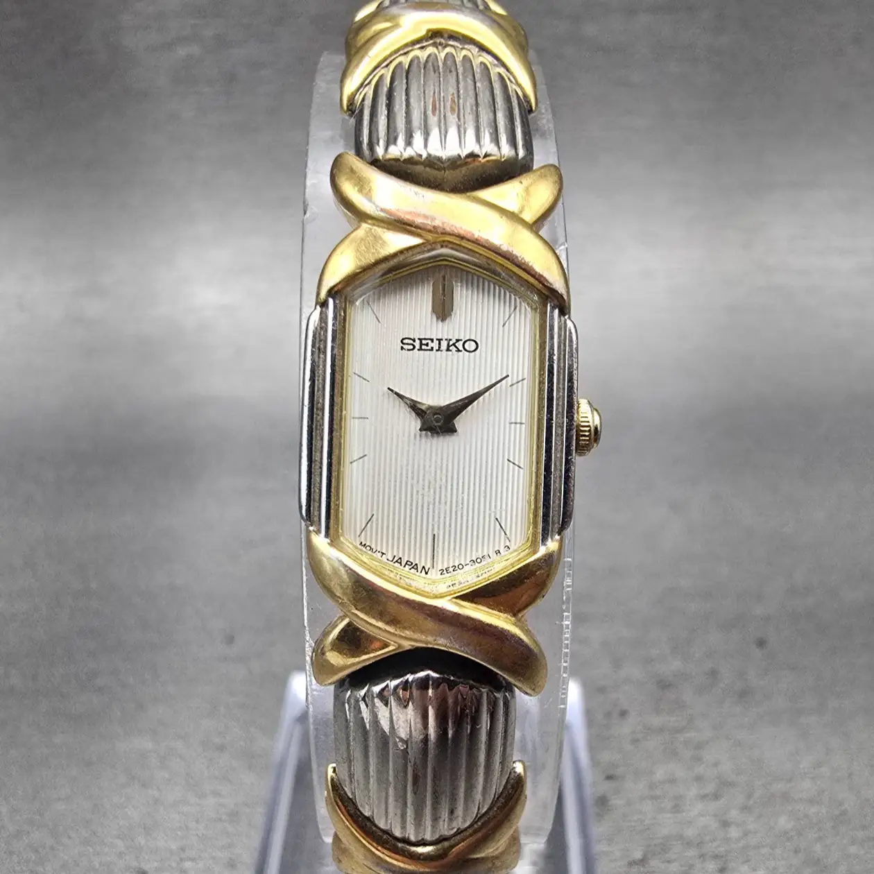 Seiko Watch Women 14mm White Dial Two Tone Rectangle 2E20-7389 New Battery VTG0