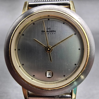 Skagen Denmark Watch Women 28mm Silver Dial Two Tone Date Round 16SGS New Batt1