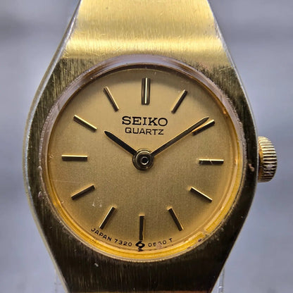 Seiko Watch Women 17mm Gold Dial Gold Tone Oval 7320-0209 New Battery Vintage G1