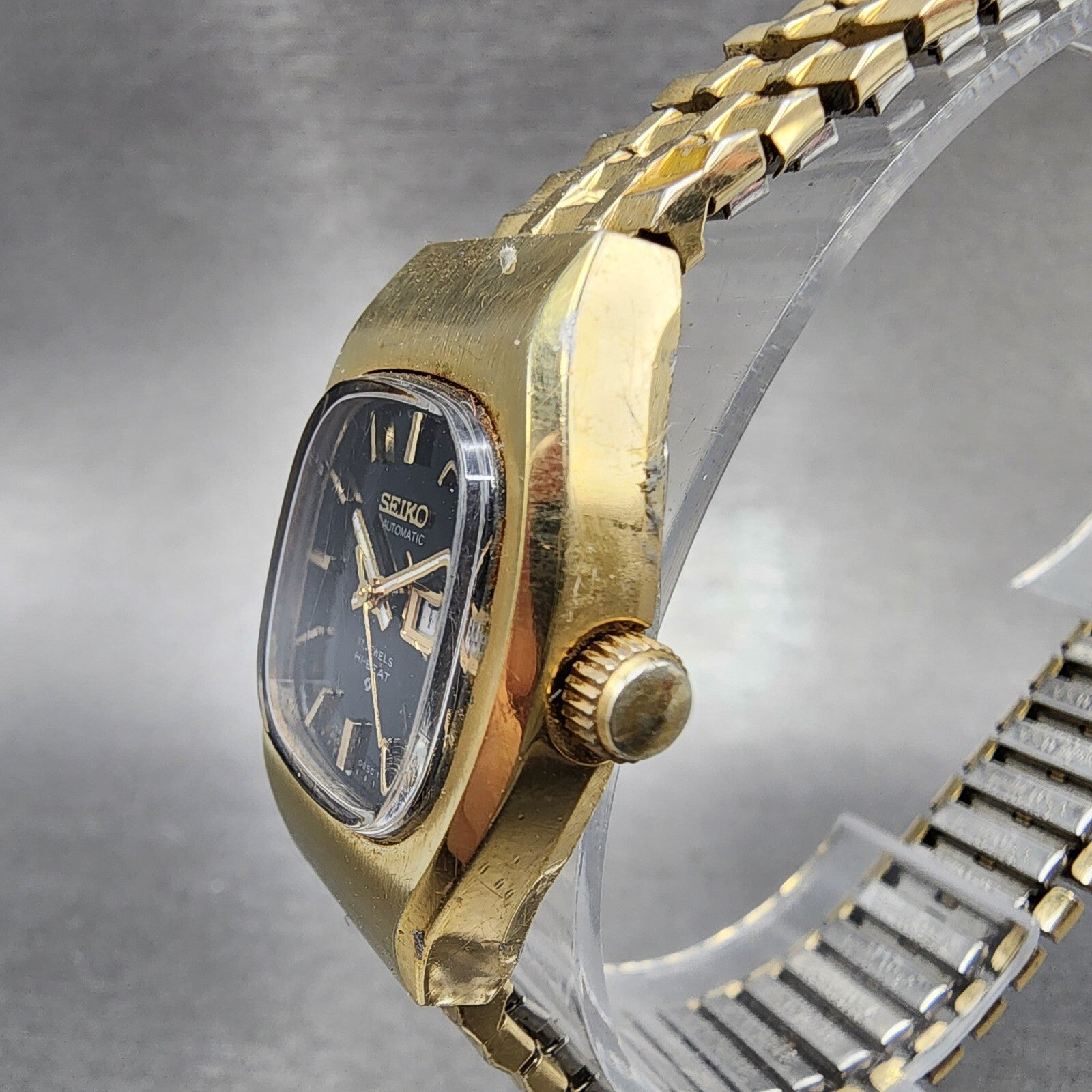 Seiko Automatic Watch Women 25mm Black Dial Gold Tone Daydate Rectangle Runs2
