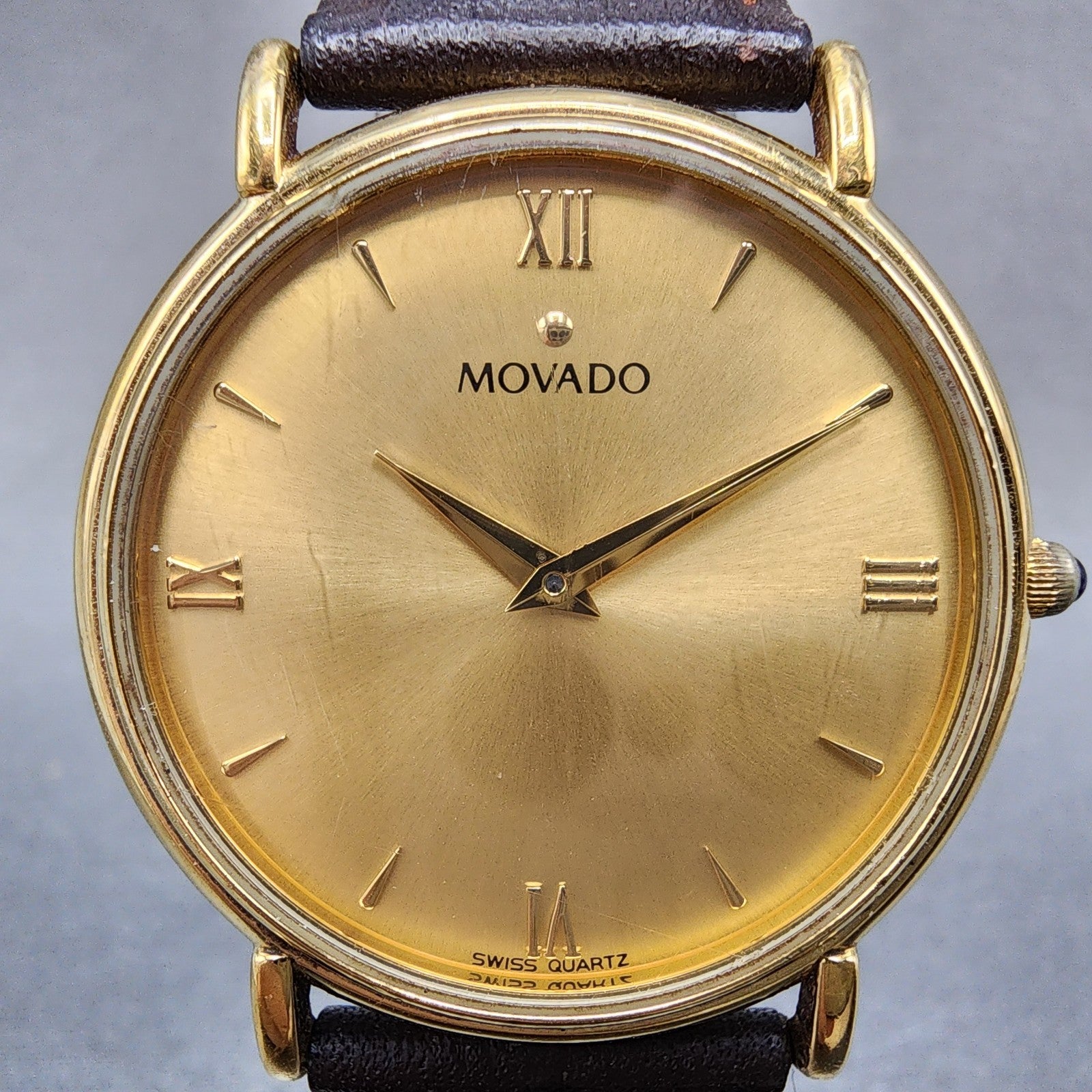 Movado Watch Men 34mm Gold Dial Gold Tone Round 87E40885 Leather New Battery1