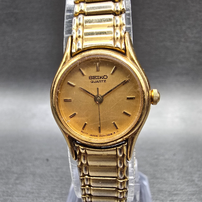 Seiko Watch Women 20mm Gold Dial Gold Tone Round 1N01-0E19 New Battery VTG JP230
