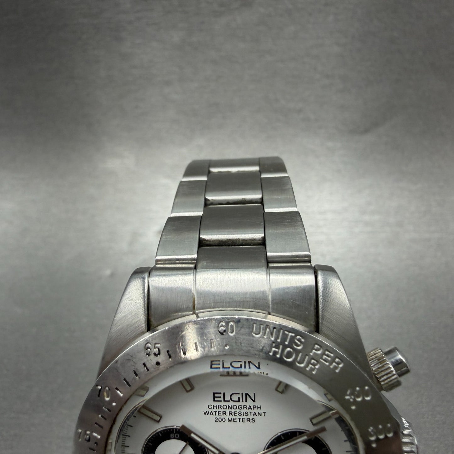 Elgin Chronograph Watch Men 39mm White Dial Silver Tone Round FK-1059 PARTS5