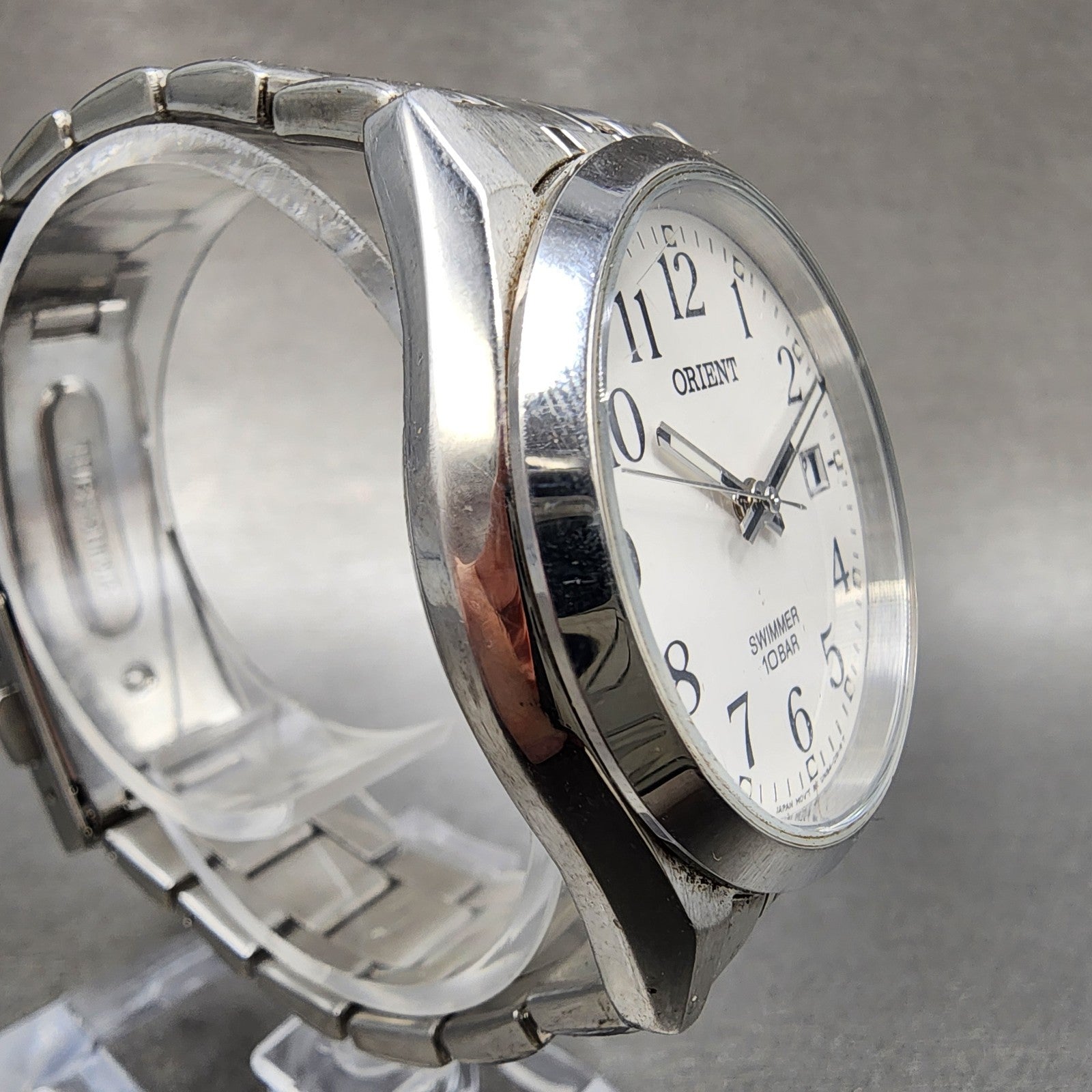 Orient Swimmer Watch Men 36mm White Dial Silver Tone Date Round New Battery3